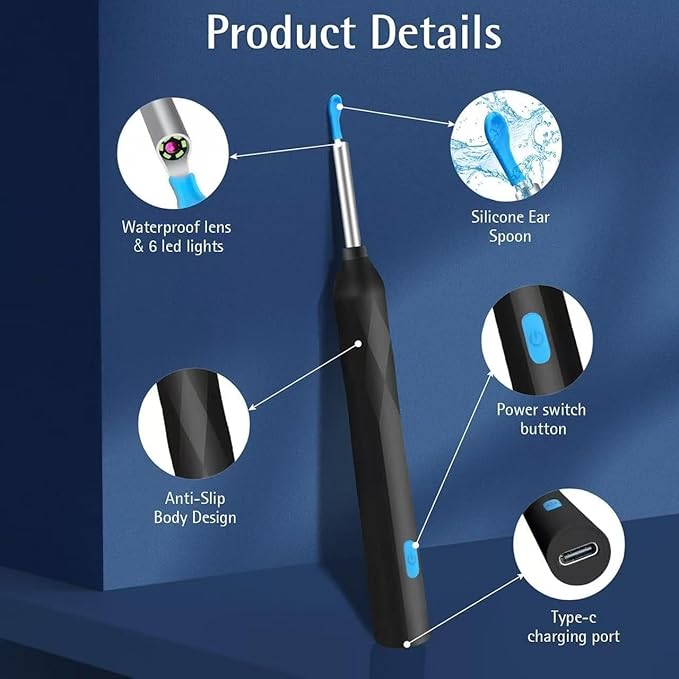 Ear Wax Removal, Wireless Ear Cleaner Ear Cleaning Kit with 7 Pcs Ear Pick Set, Wax Elimination Spoon Kit with 6 Soft Silicone Ear Scoops, Ear Wax Removal Tool for Smartphones