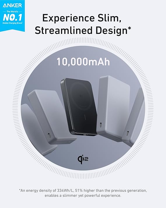 Anker MagGo Power Bank, Ultra-Slim 10,000mAh Magnetic Portable Charger, Qi2 Certified 15W Ultra-Fast MagSafe-Compatible Battery Pack, PD 30W, Ergonomic Design, For iPhone 16/15/14/13/12 Series Only