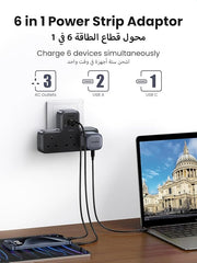 UGREEN 6-in-1 Power Strip Surge Protector Extension Plug Multiple 3 AC Outlet Sockets, Type C Fast Charger 3 USB Ports,Triple UK Plug Extender USB Charging Station for Kitchen, Home Office Accessories